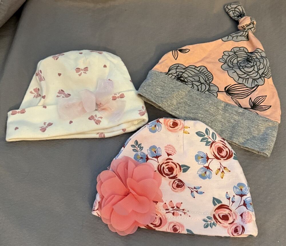 Mixed Brand Lot/3 Baby Girls Infant Beanie Hats, Chick Pea, floral, bows, pink